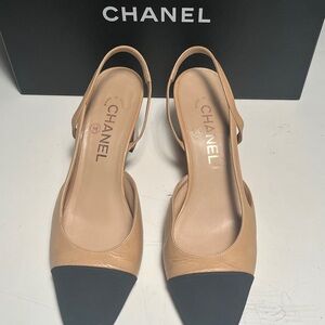 CHANEL Beige and Black Slingback Heels